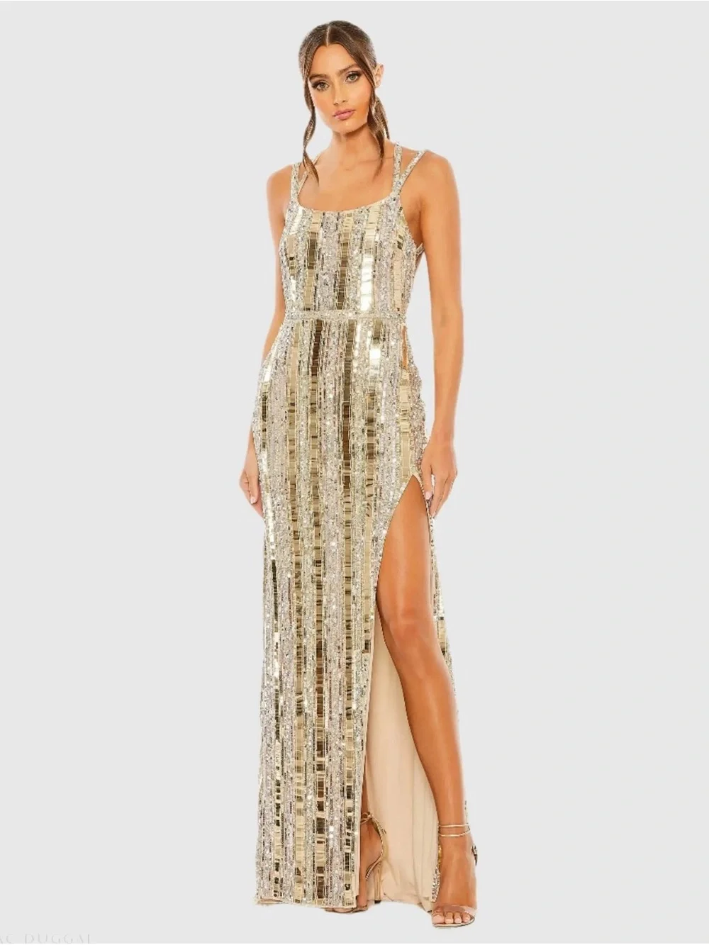 Mac Duggal 93981 Gold and Silver Halter Neck Embellished Detailed Back Gown Sz 6